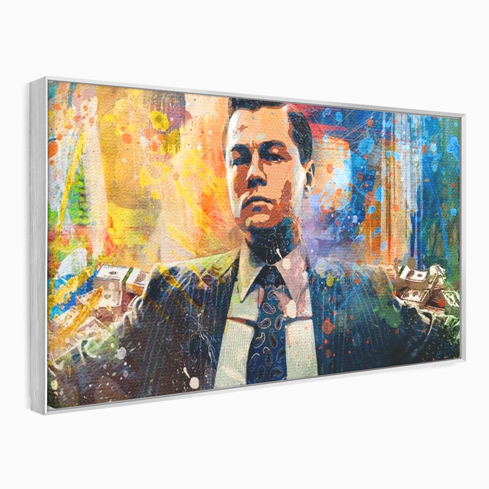 Tablou canvas cu tablou canvas cu leonardo dicaprio si bani, in rama de aluminiu argintiu